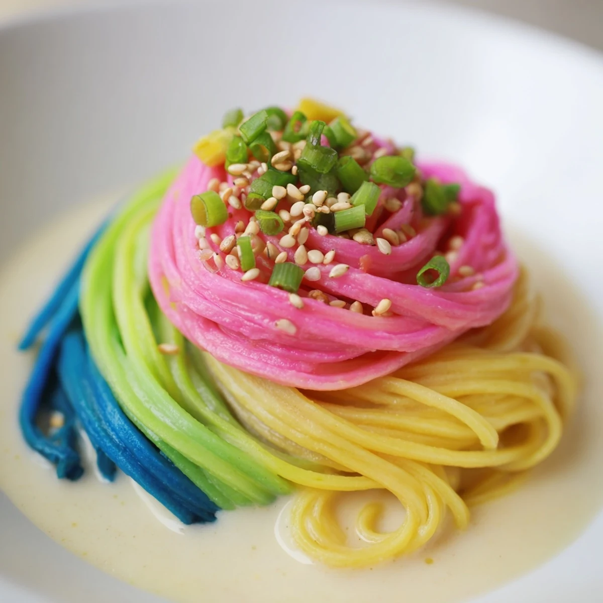 Whimsical neon noodle cloud recipe with vibrant colors in creamy sauce.  