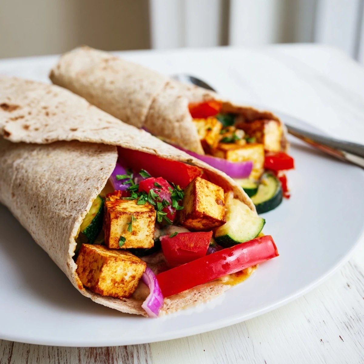 Vibrant Vegan Viral Recipe re-make featuring roasted tofu and fresh vegetables in wraps.  