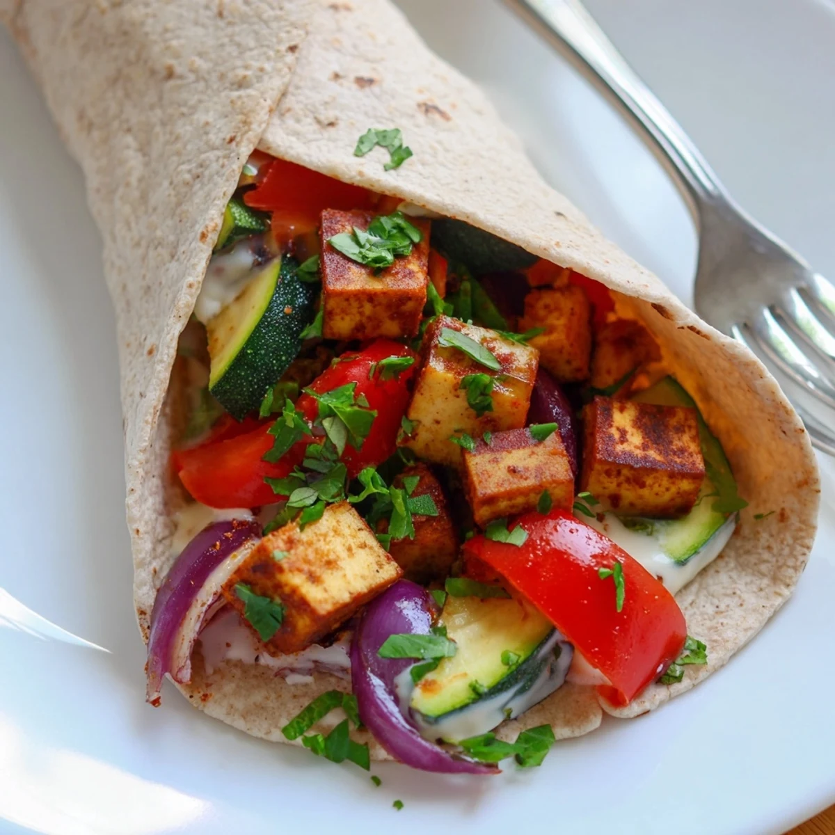 Savory Vegan Viral Recipe re-make served in warm pita with chopped parsley garnish.