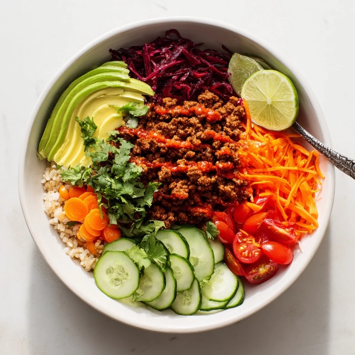 A colorful Plant-Based Meat Bowl loaded with fresh veggies and spices.  