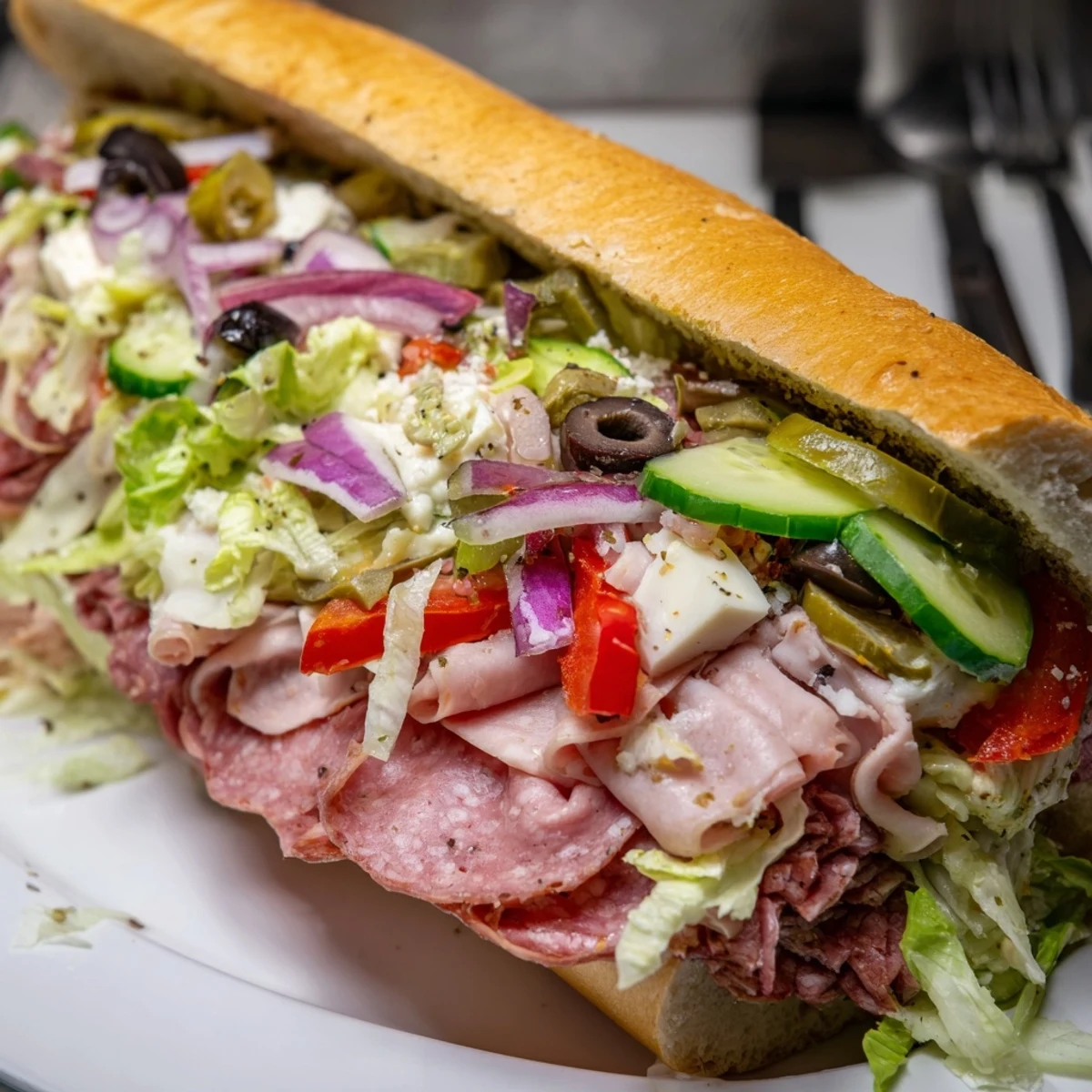 Vibrant Flavor Mash-Up Sandwiches overflowing with Italian meats, fresh veggies, and creamy cheese.  