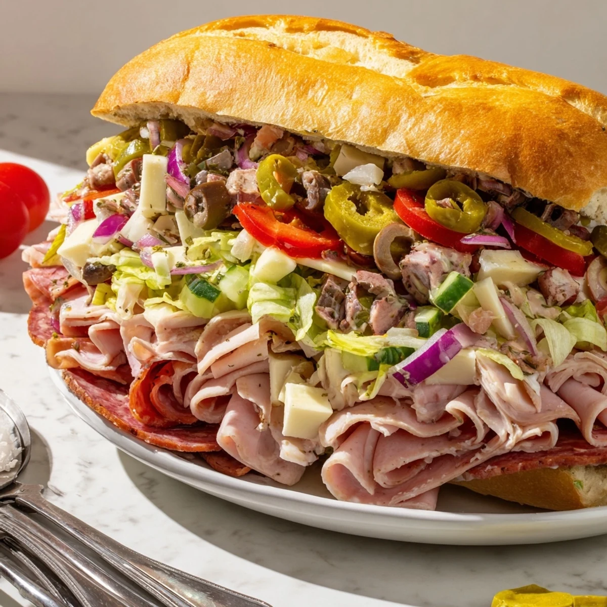 Colorful Flavor Mash-Up Sandwiches stacked high with tasty Italian delights and zesty dressing.  