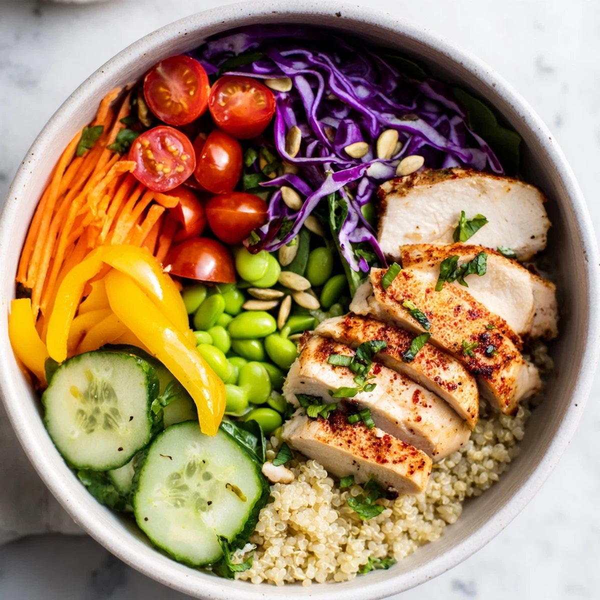 Delicious Healthy Meal-Prep Bowls topped with zesty dressing and vibrant veggies.  