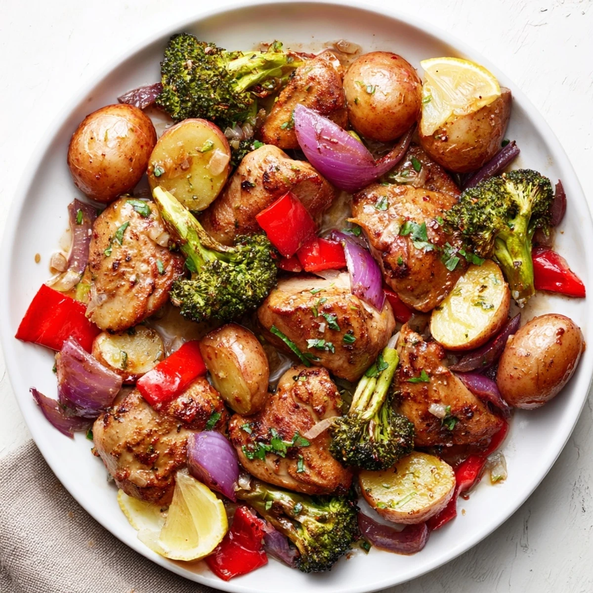 Aromatic Lazy Gourmet Chicken & Vegetable One-Pot served with fresh parsley and lemon wedges.  