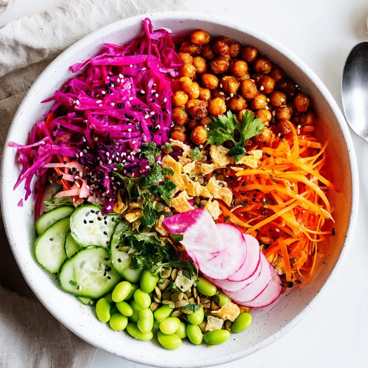 Healthy ASMR Crunch Snack Bowls topped with crispy rice puffs and fresh herbs.