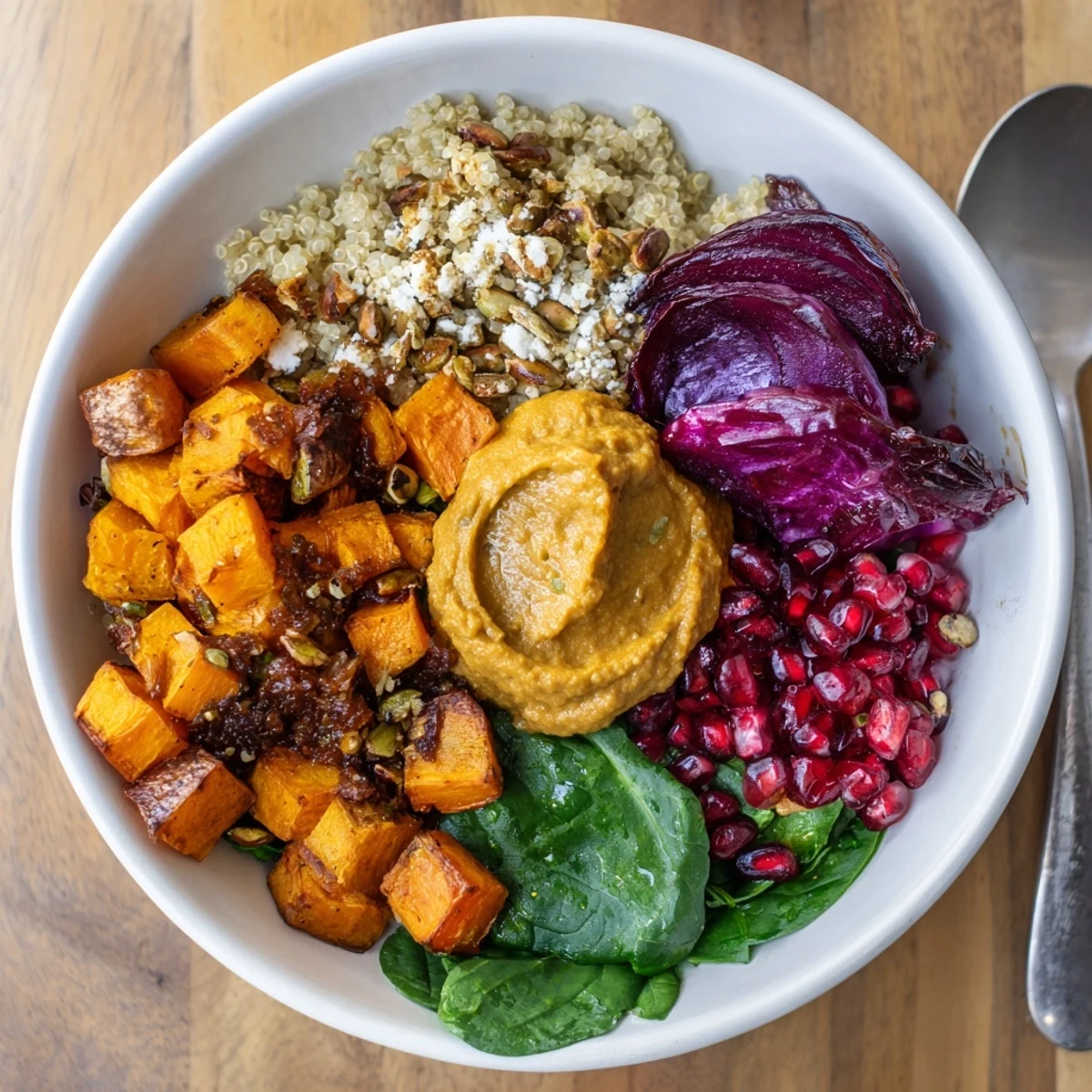 Nutritious spiced winter bowls topped with pistachio-maple crumble and fresh pomegranate seeds.  