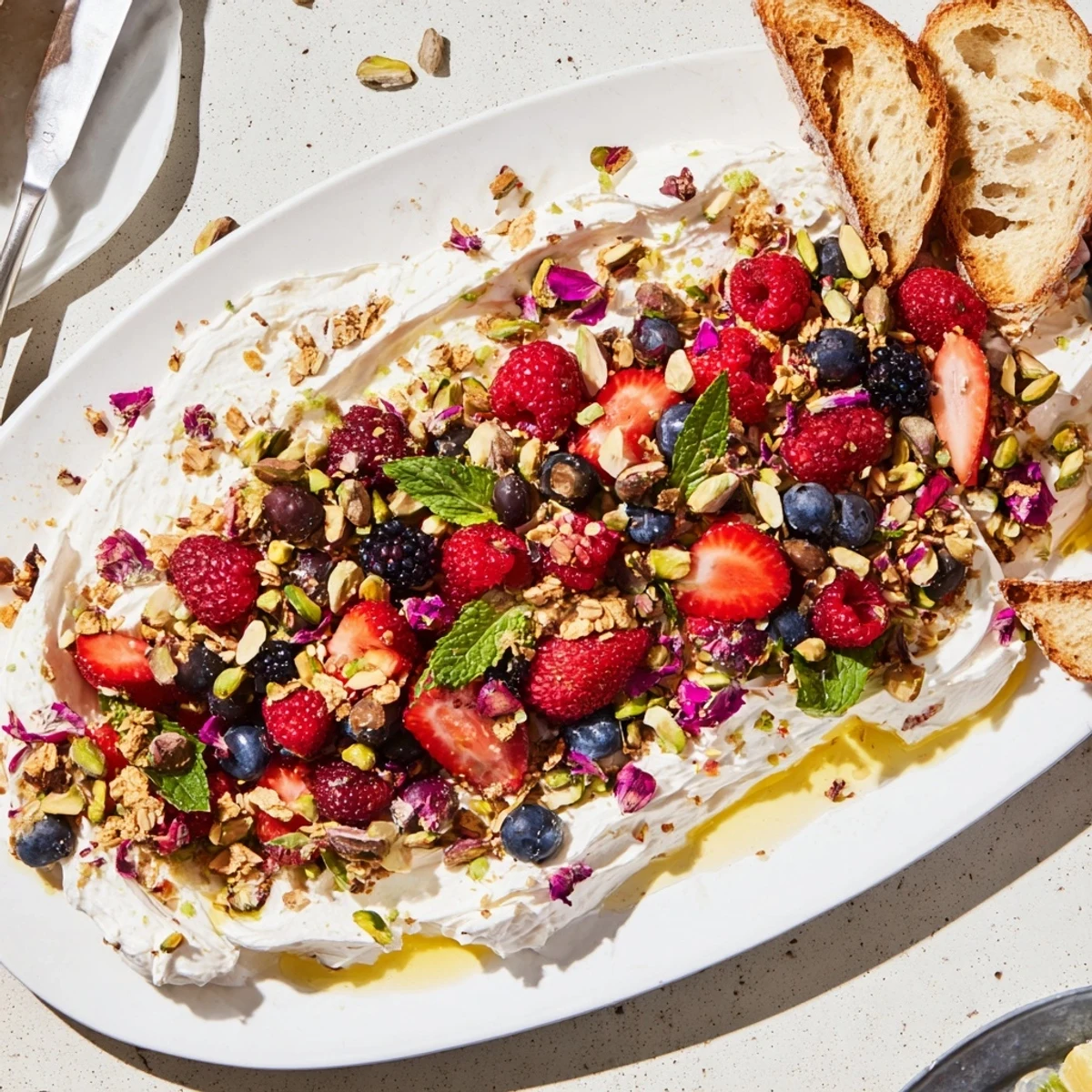 Whipped flavored cream cheese butter board dessert topped with fresh berries and nuts.  