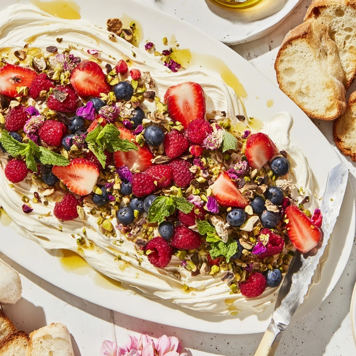 Colorful butter board dessert featuring creamy cheese, fresh berries, and crunchy pistachios.