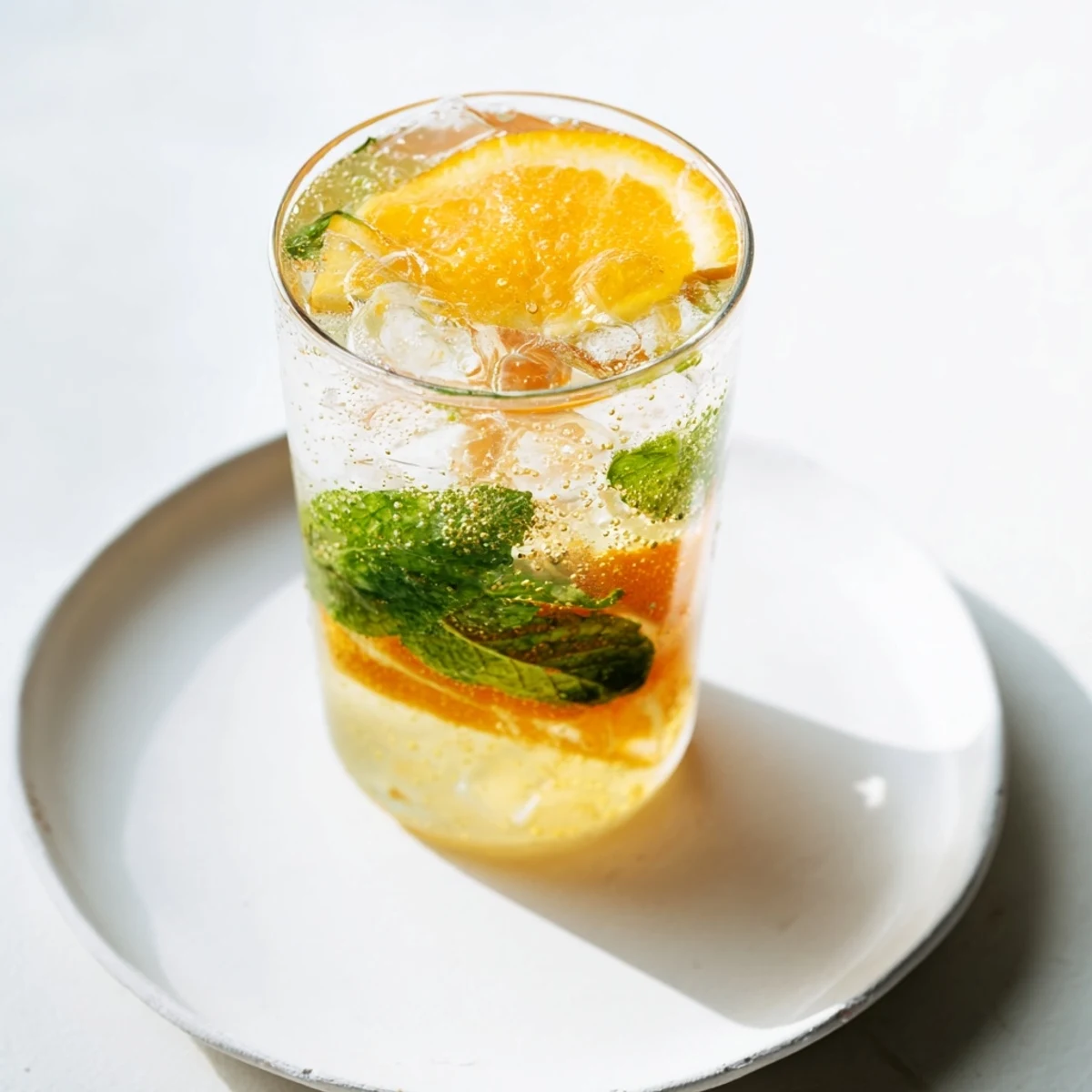 A sparkling probiotic soda mocktail served with fresh mint and citrus slices.  