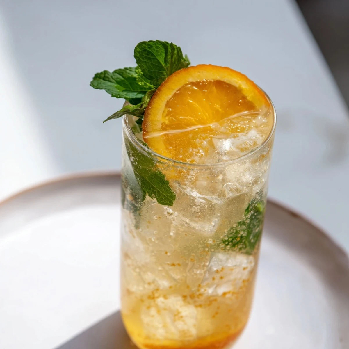 Homemade probiotic soda mocktail over ice, bursting with vibrant citrus flavors.