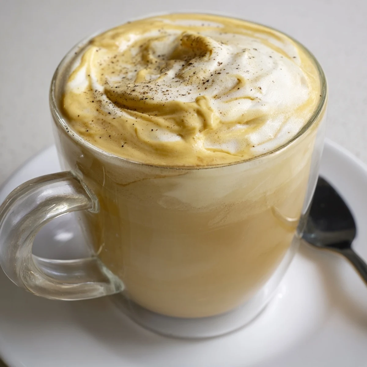 Silky Onion Latte topped with frothy milk and fresh caramelized onion flavor. 