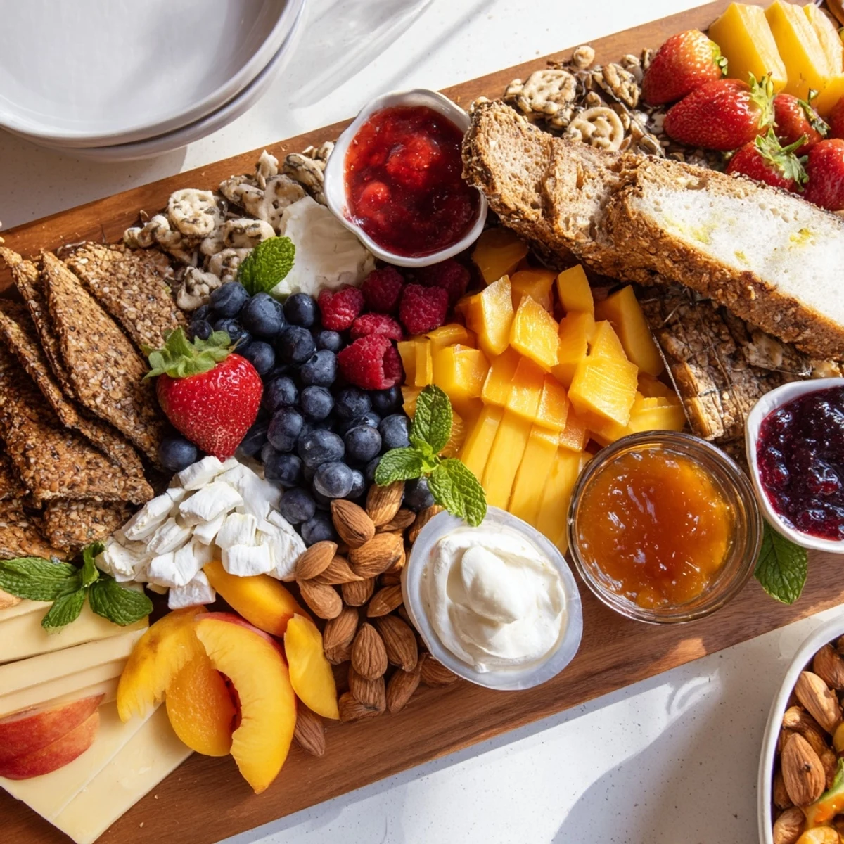 A colorful jam-infused brunch board featuring assorted cheeses and fresh fruits  