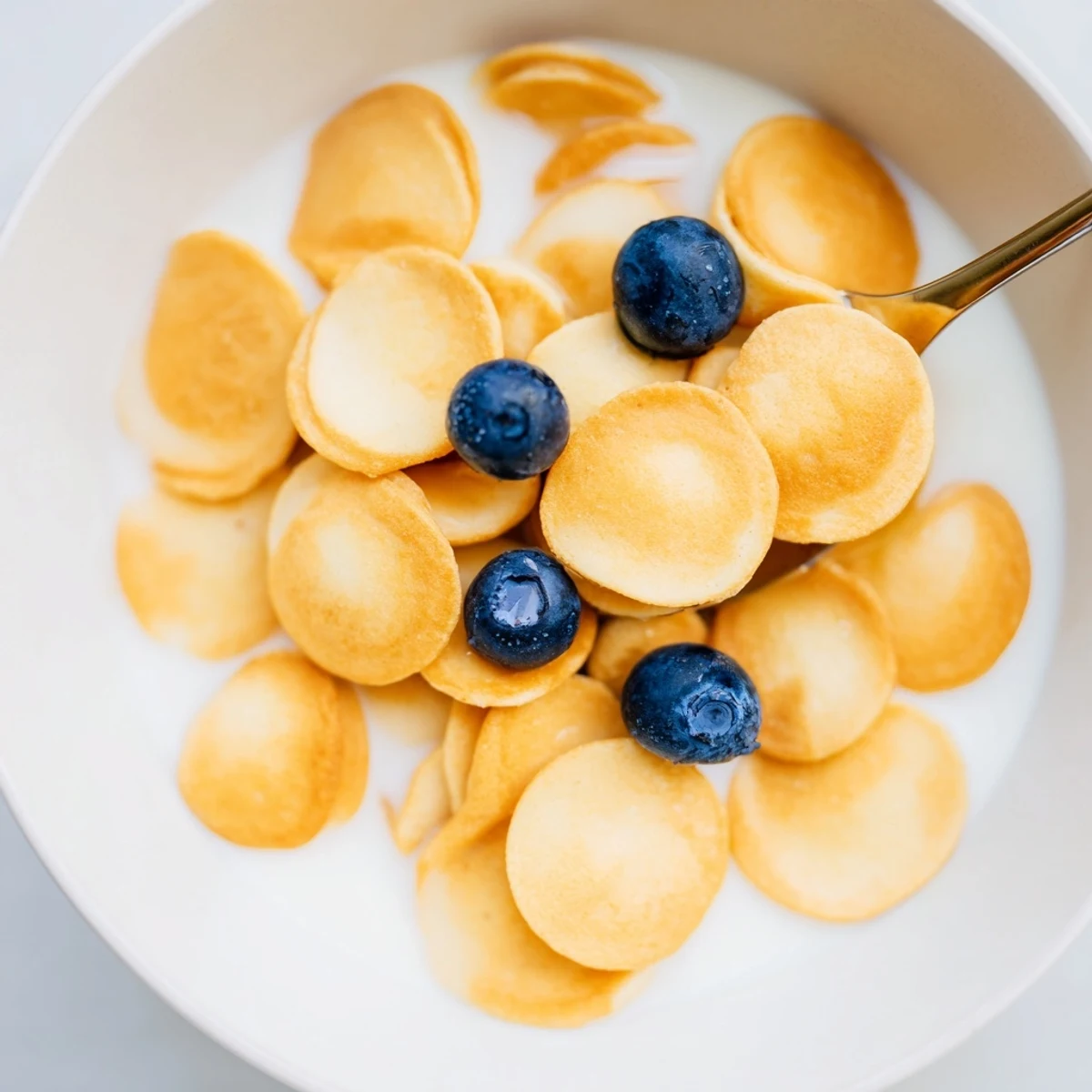 Bite-sized mini pancake cereal drizzled with honey and topped with banana slices.