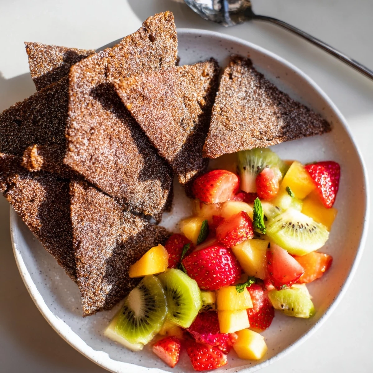 Crispy chocolate tortilla chips with vibrant fruit salsa for a delightful dessert.  