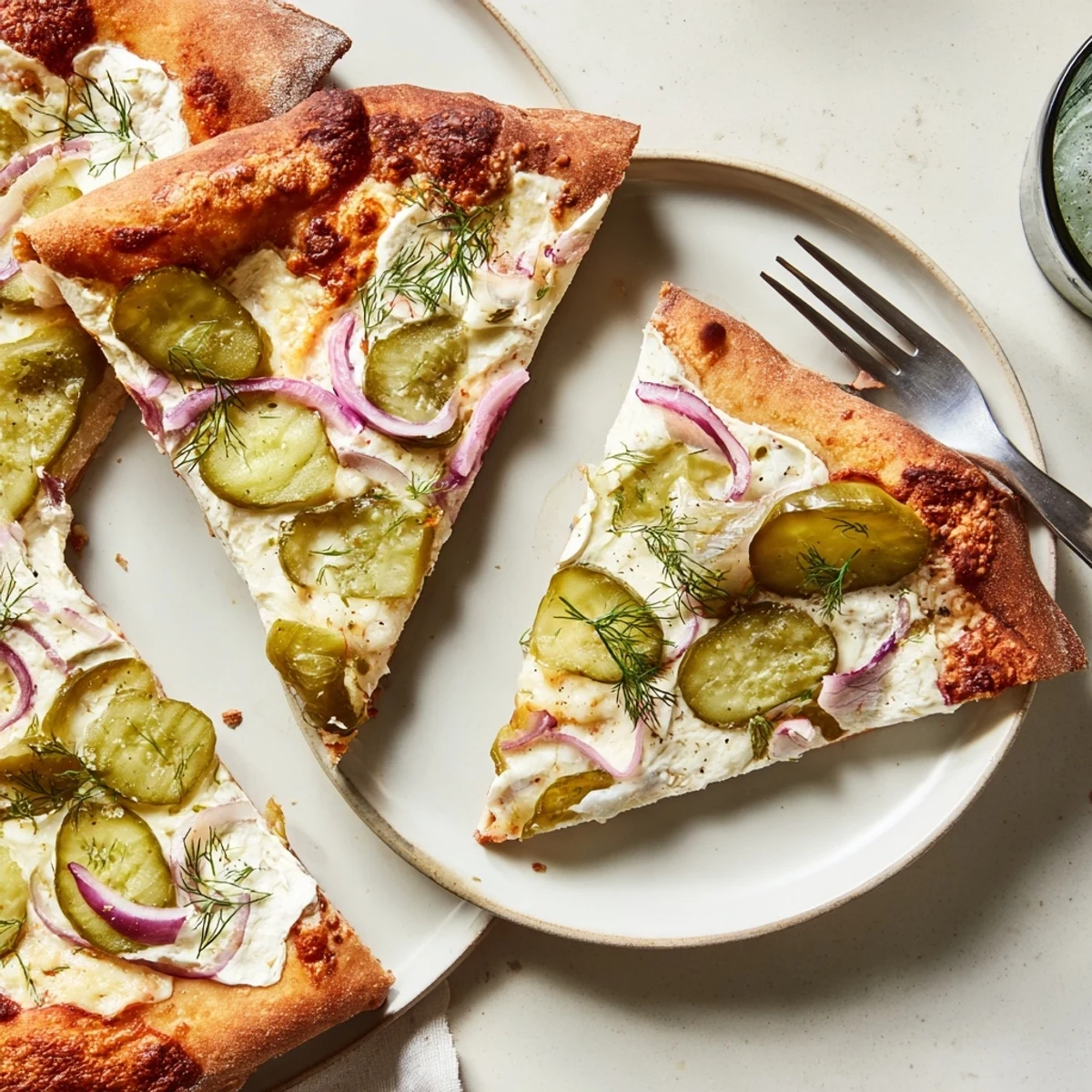 A deliciously unique Pickle Pizza with creamy sauce and crunchy dill toppings.  