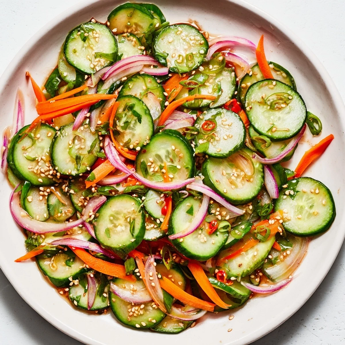 A delicious cucumber salad remix showcasing a medley of fresh, crunchy vegetables.  