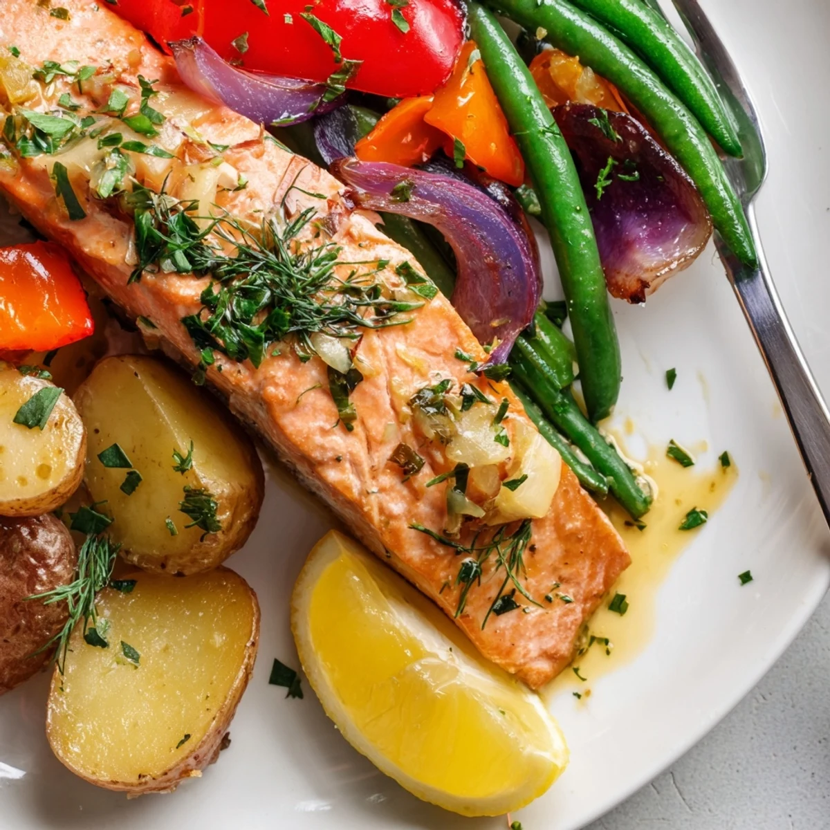Sizzling sheet pan lemon herb salmon paired with colorful roasted veggies and potatoes.