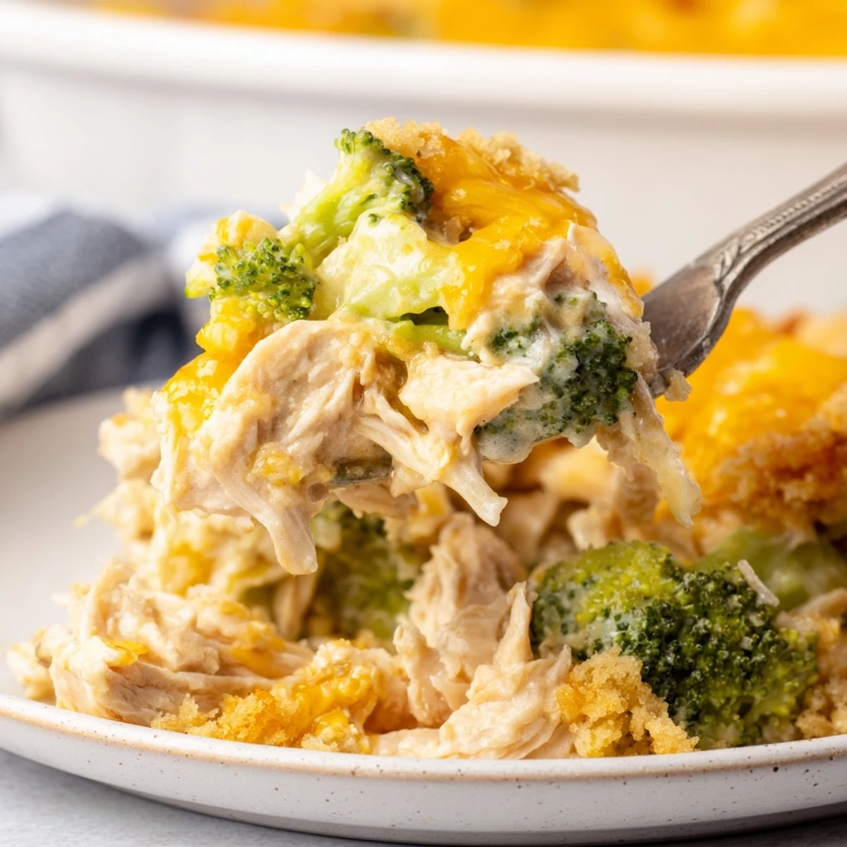 Delicious Chicken & Broccoli Cheddar Bake surrounded by melted cheese and vibrant green broccoli florets.  