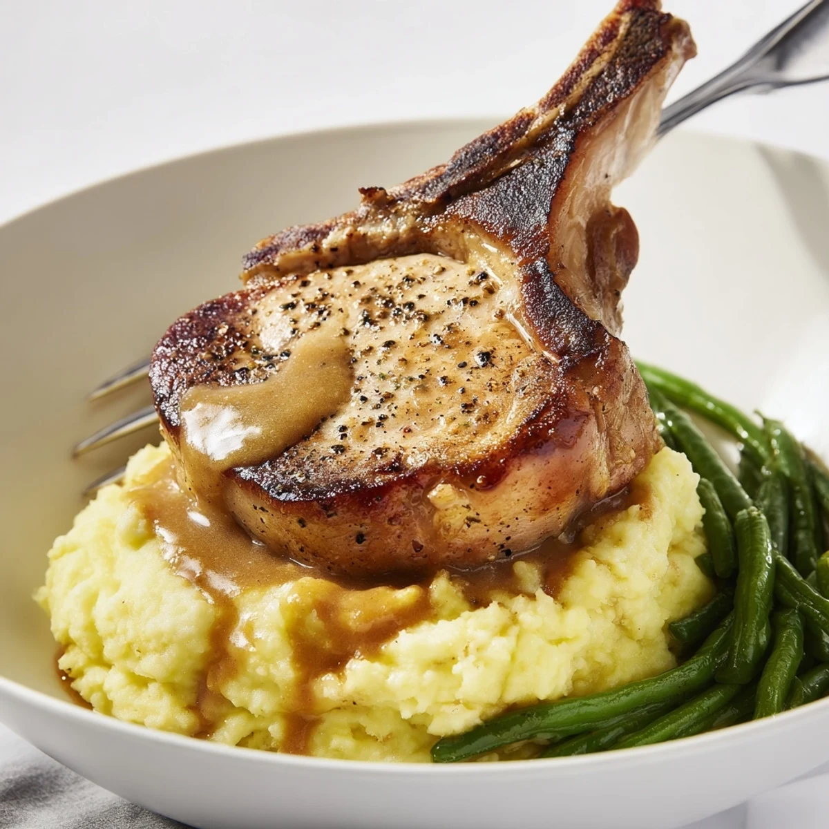 Juicy pork chops & cheddar mash bowl, paired with savory pan gravy and green beans.  