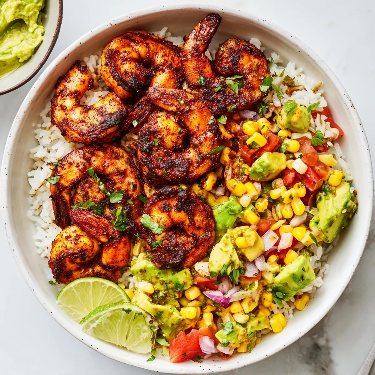 Blackened shrimp bowl with creamy avocado corn salsa and fluffy rice.  
