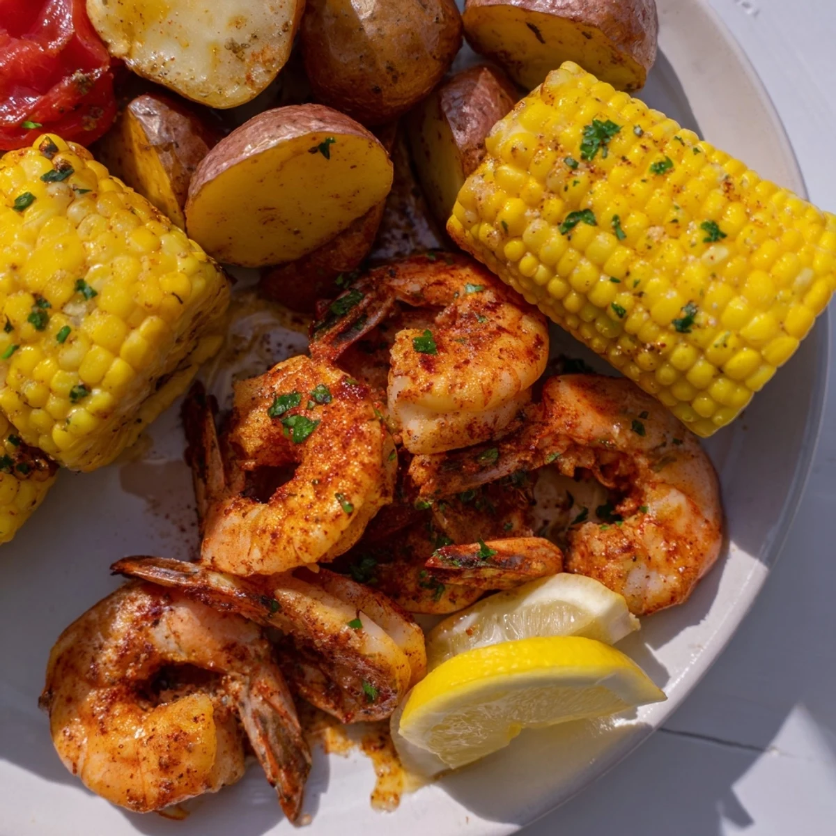 Vibrant Cajun Shrimp & Sweet Corn Platter with roasted potatoes and fresh parsley garnish.  