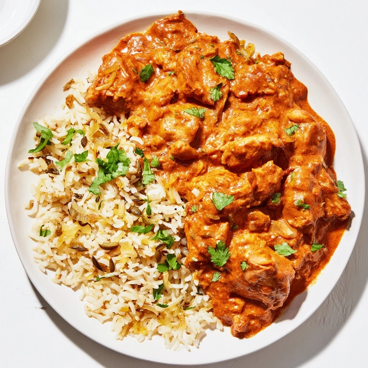 Fragrant rice pilaf accompanies plates of spicy, rich butter chicken ready for serving.