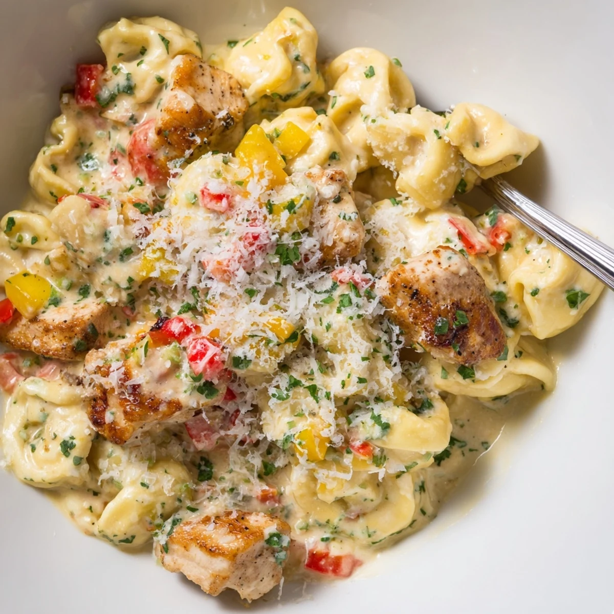 Creamy and spicy Zesty Cajun Garlic Parmesan Chicken Tortellini, perfect for weeknight dinners.  