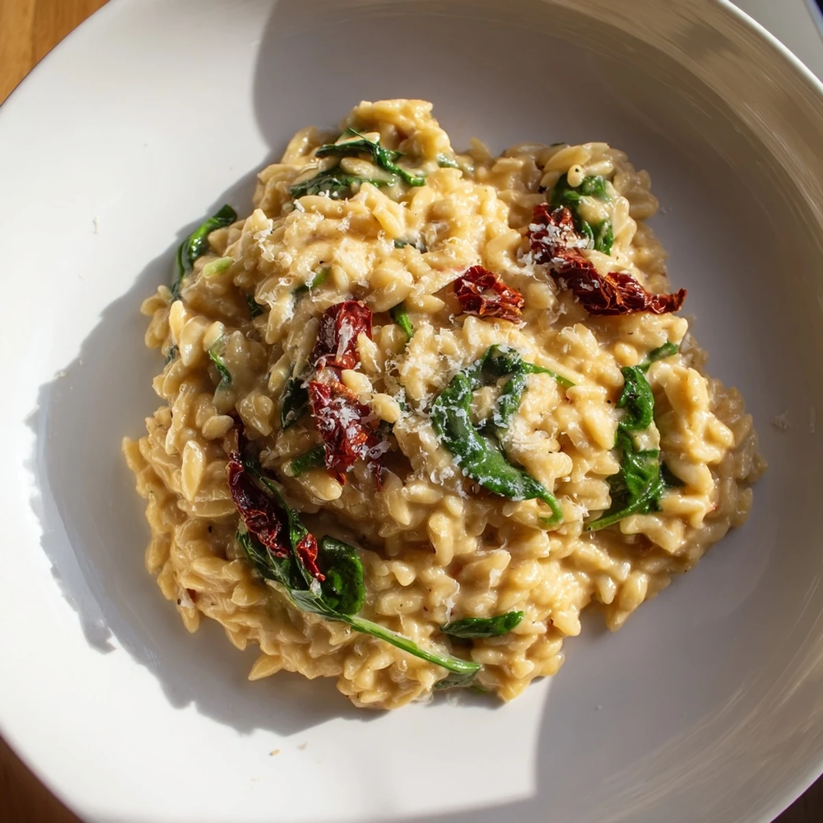Steaming Creamy Tuscan Orzo Bowl, featuring vibrant spinach and sun-dried tomatoes; a delicious main dish.