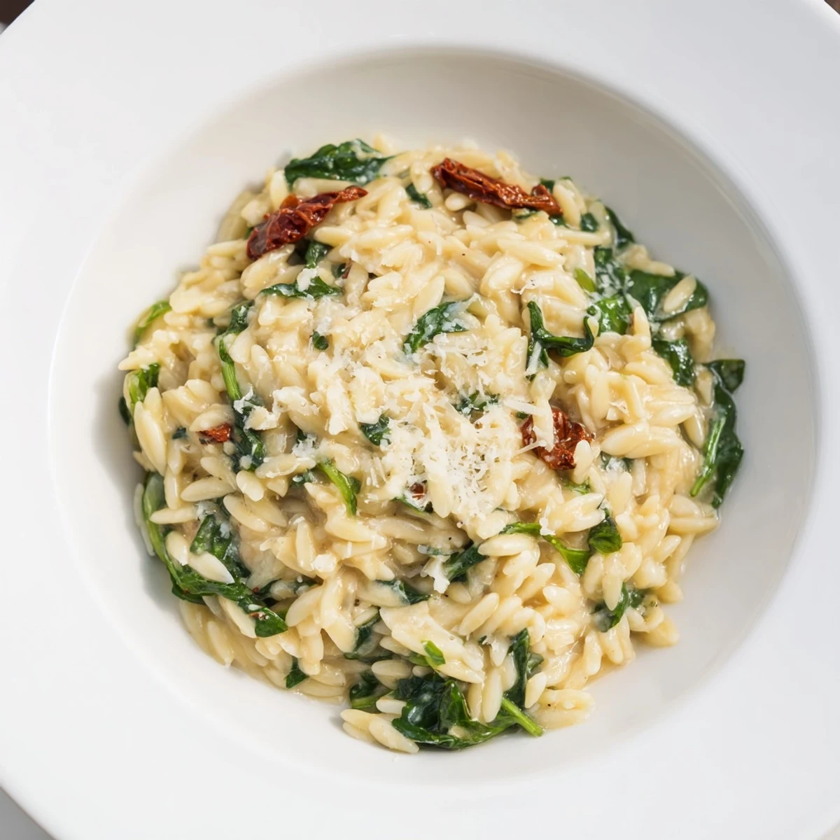 A close-up view of a Creamy Tuscan Orzo Bowl, a vegetarian Italian comfort food, ready to serve.