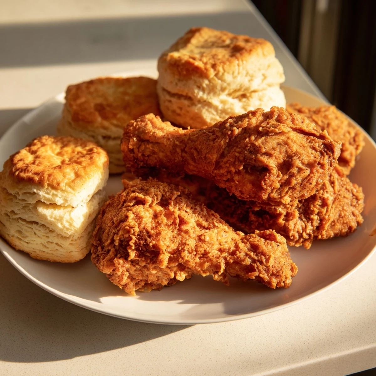 Crispy Southern fried chicken served with fluffy buttermilk biscuits, ideal for sharing.  