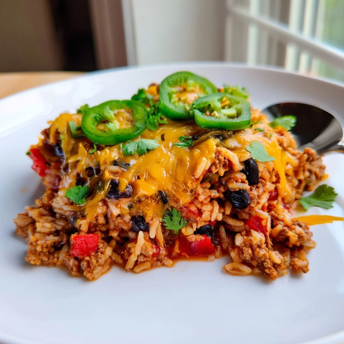Hearty Tex-Mex Beef & Rice Casserole topped with melted cheese and vibrant cilantro.  