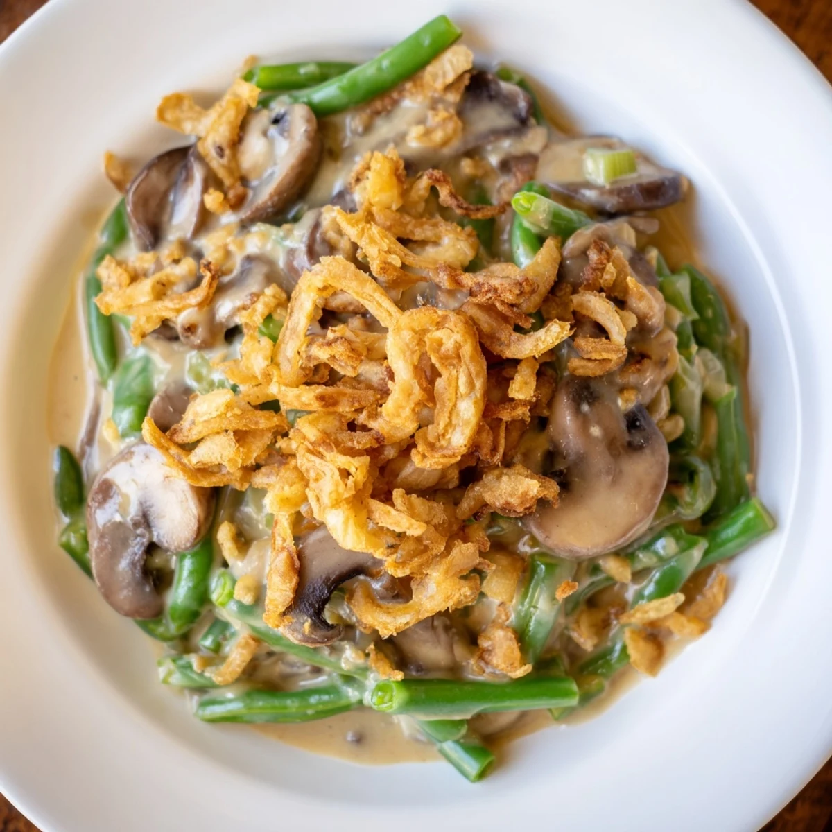 A generous serving of Old-School Green Bean Casserole, a creamy and savory comfort food classic.