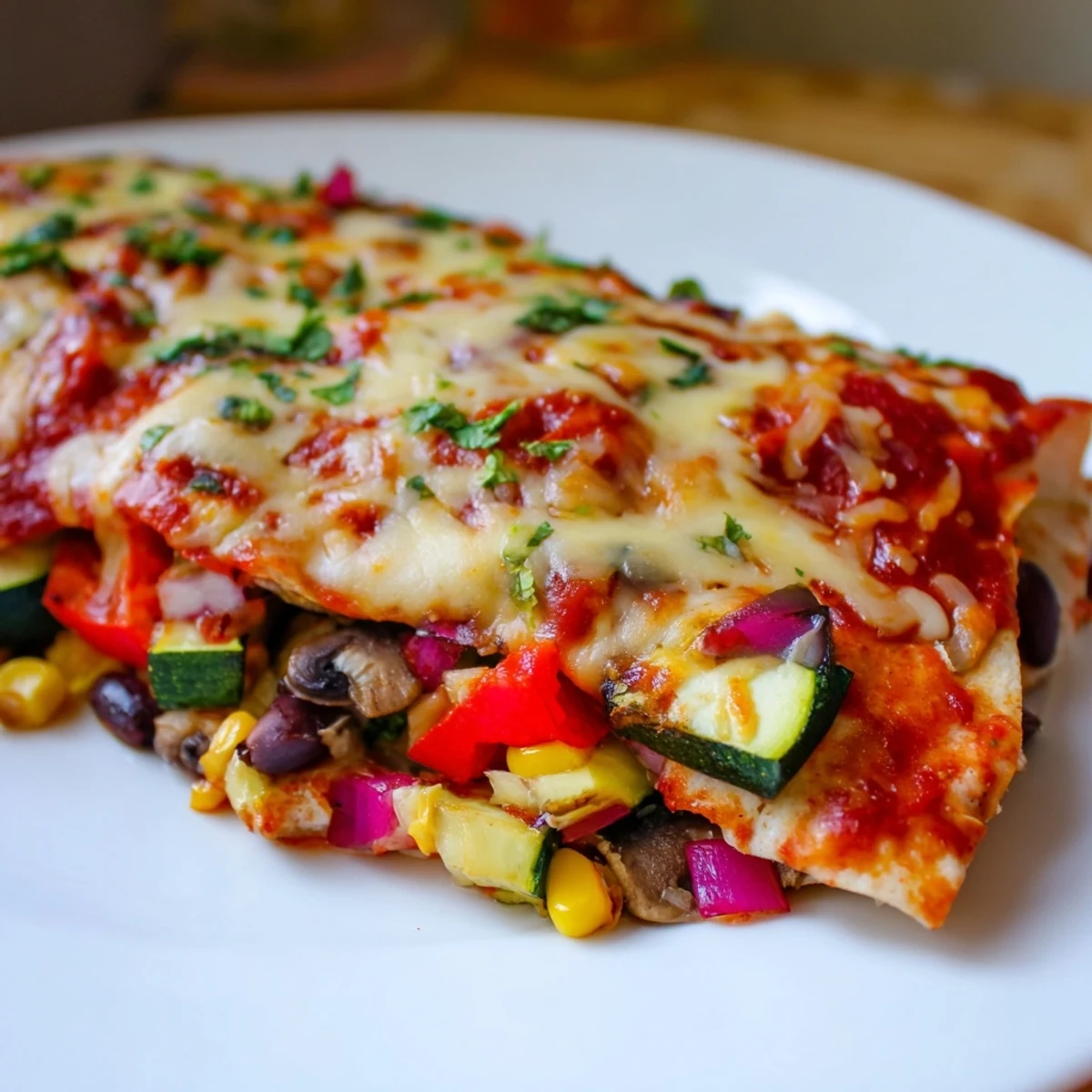 Farmers Market Vegetarian Enchiladas bubbling with cheese, topped with fresh cilantro, ready to serve.