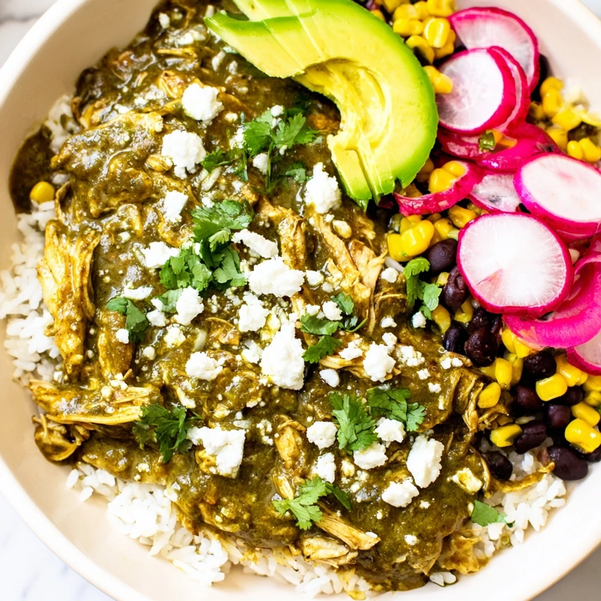 Green Enchilada Rice Bowl overflowing with chicken, black beans, and fresh cilantro, a vibrant Tex-Mex delight.