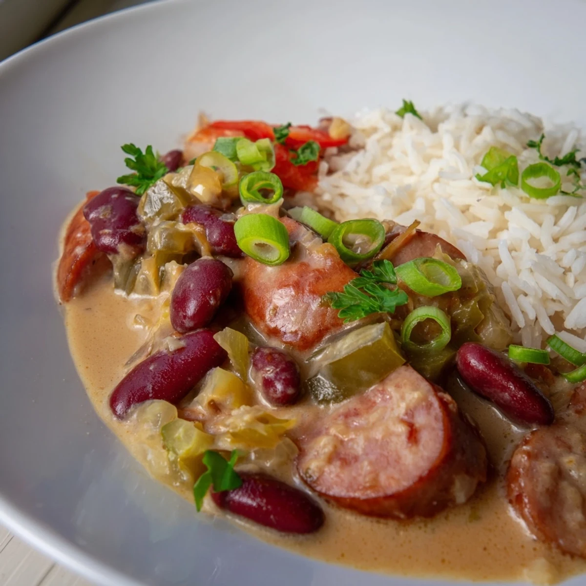 A steaming bowl of Red Beans & Rice, showcasing the creamy beans and savory sausage.