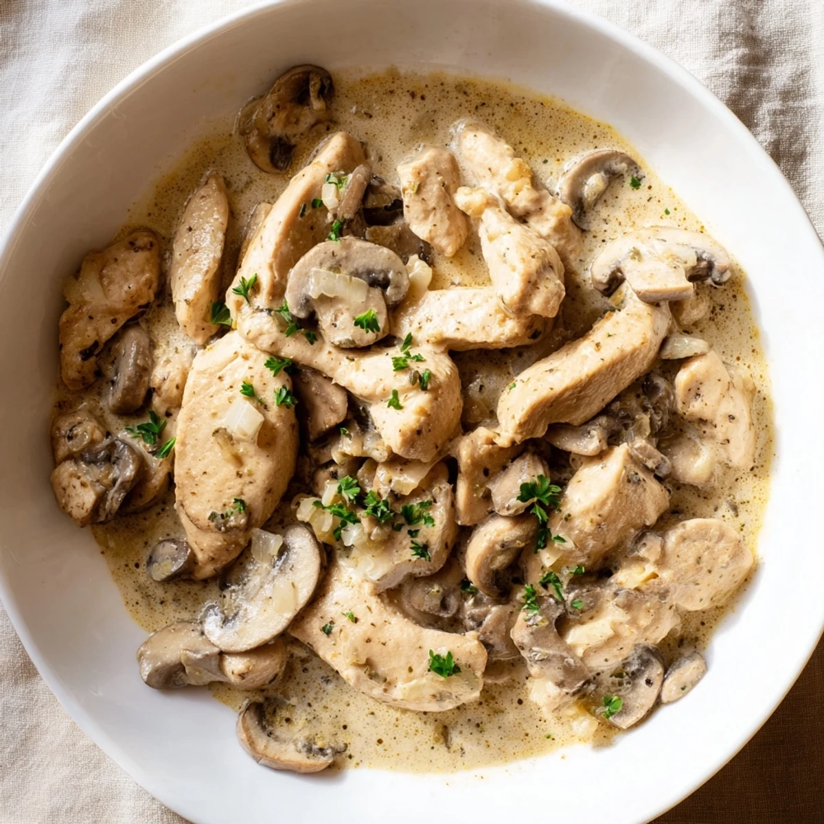 Creamy Chicken Stroganoff over egg noodles, a comforting bowl of rich, savory stew.