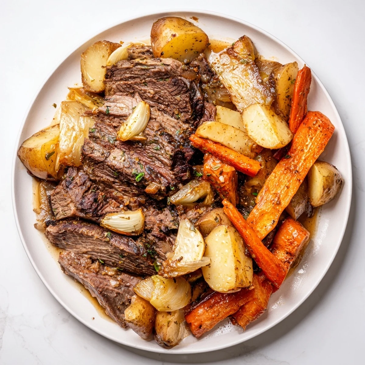 A Dutch oven brimming with a hearty Sunday Pot Roast, featuring perfectly cooked carrots and potatoes.