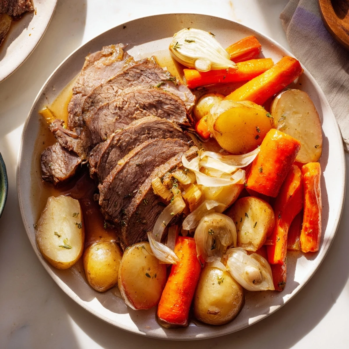 Savor the aroma: A delicious Sunday Pot Roast with fall-apart beef, savory veggies, ready to enjoy.