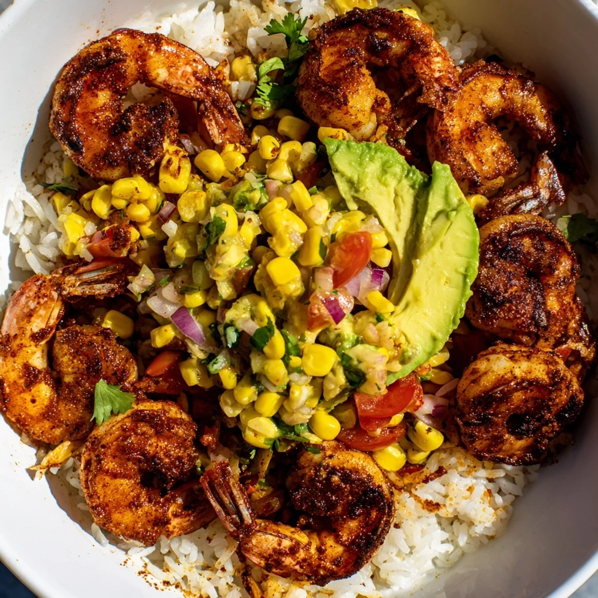 Juicy, grilled shrimp in an Easy Grilled Shrimp Bowl, complemented by colorful, vibrant avocado corn salsa.