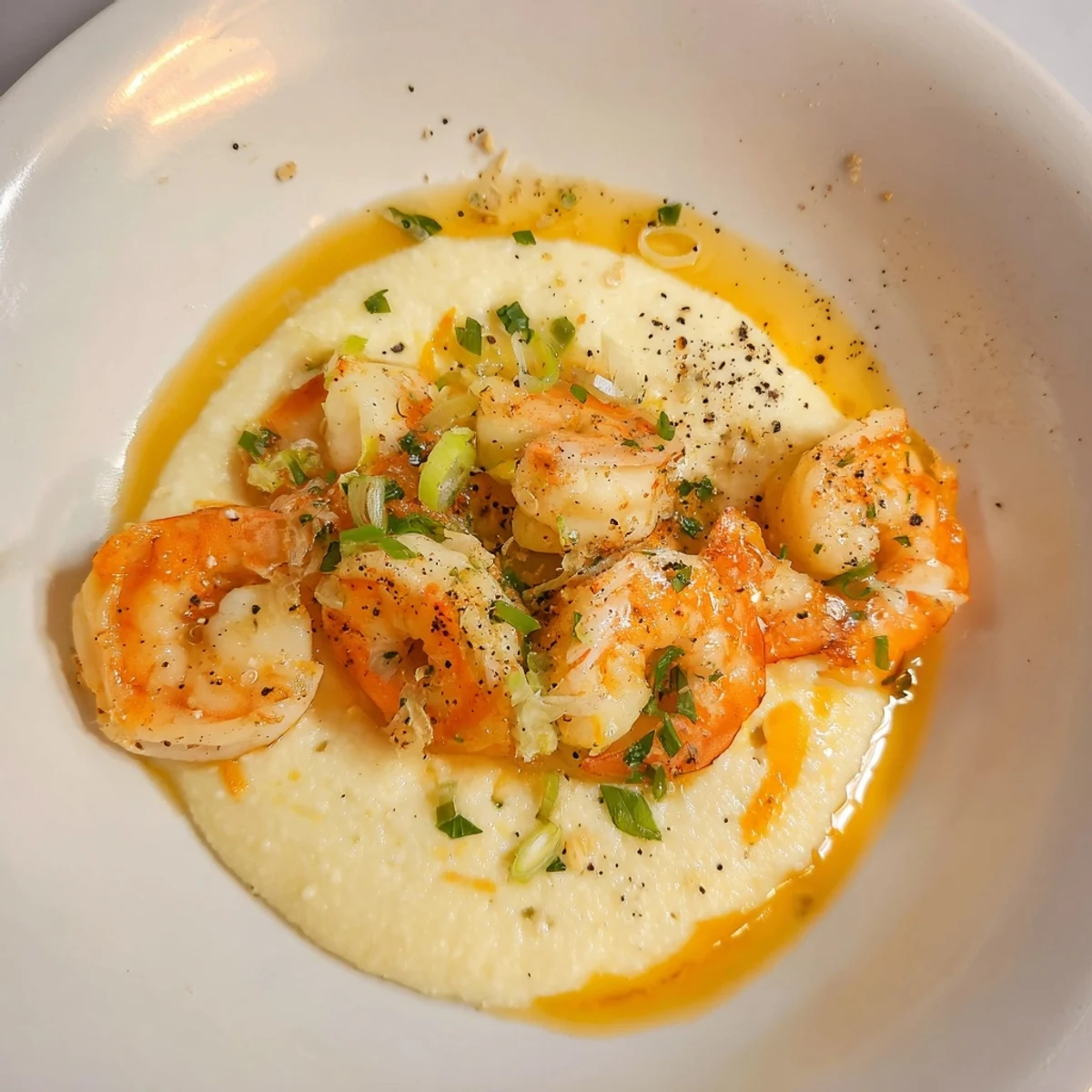 Savory Shrimp & Grits: perfectly cooked shrimp in a garlic butter sauce, ready to be devoured.