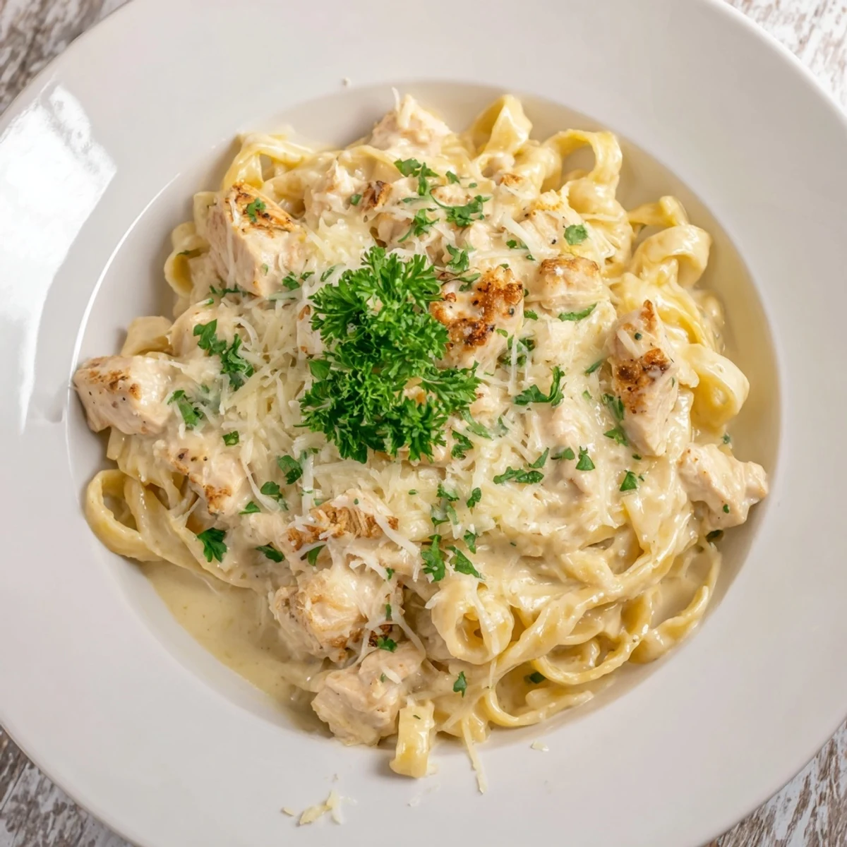 Chicken Fettuccine Alfredo Bake bubbling in a glass dish, golden and bubbly, ready to serve.