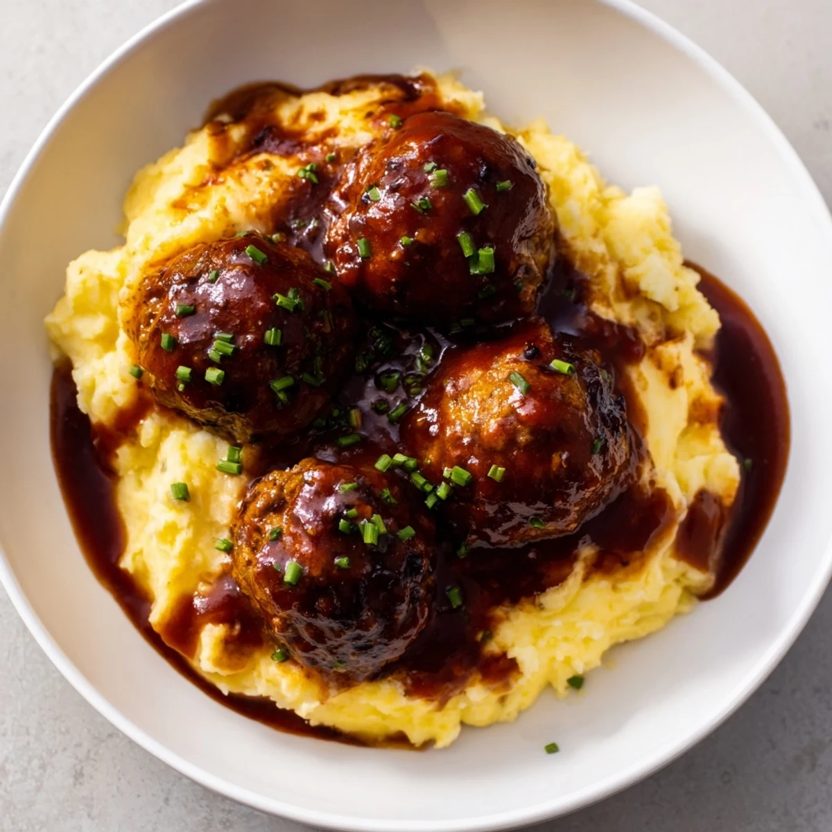 Smoky BBQ Meatballs nestled on creamy mashed potatoes, a comforting American classic, ready to eat.