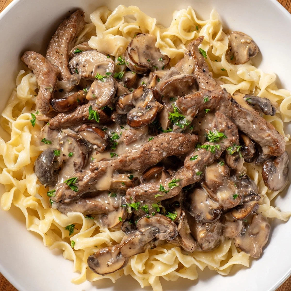 This Creamy Mushroom Beef Stroganoff showcases tender beef strips in a luscious, savory, creamy sauce, ready to serve.