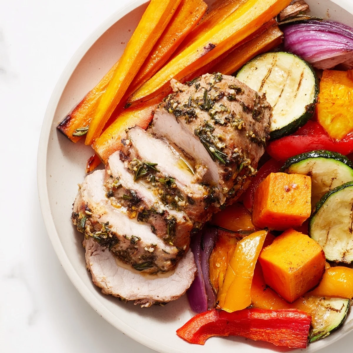 Juicy roasted garlic pork tenderloin nestled with roasted carrots, peppers, and onions, ready to eat.