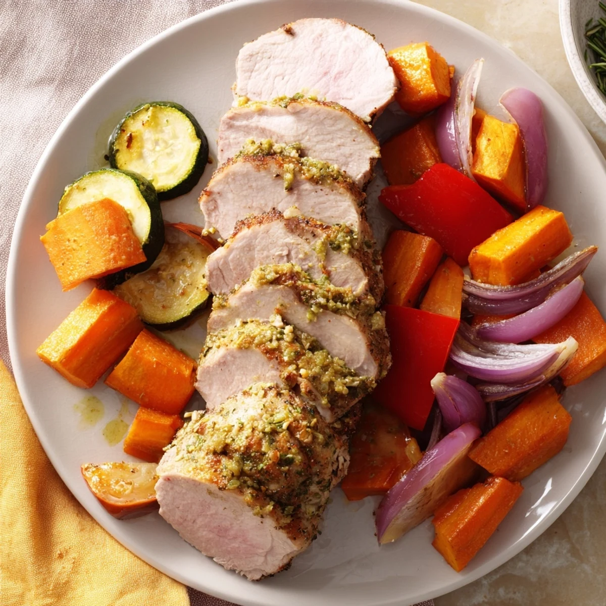 A close-up of a perfectly cooked roasted garlic pork tenderloin with tender, delicious vegetables for dinner.