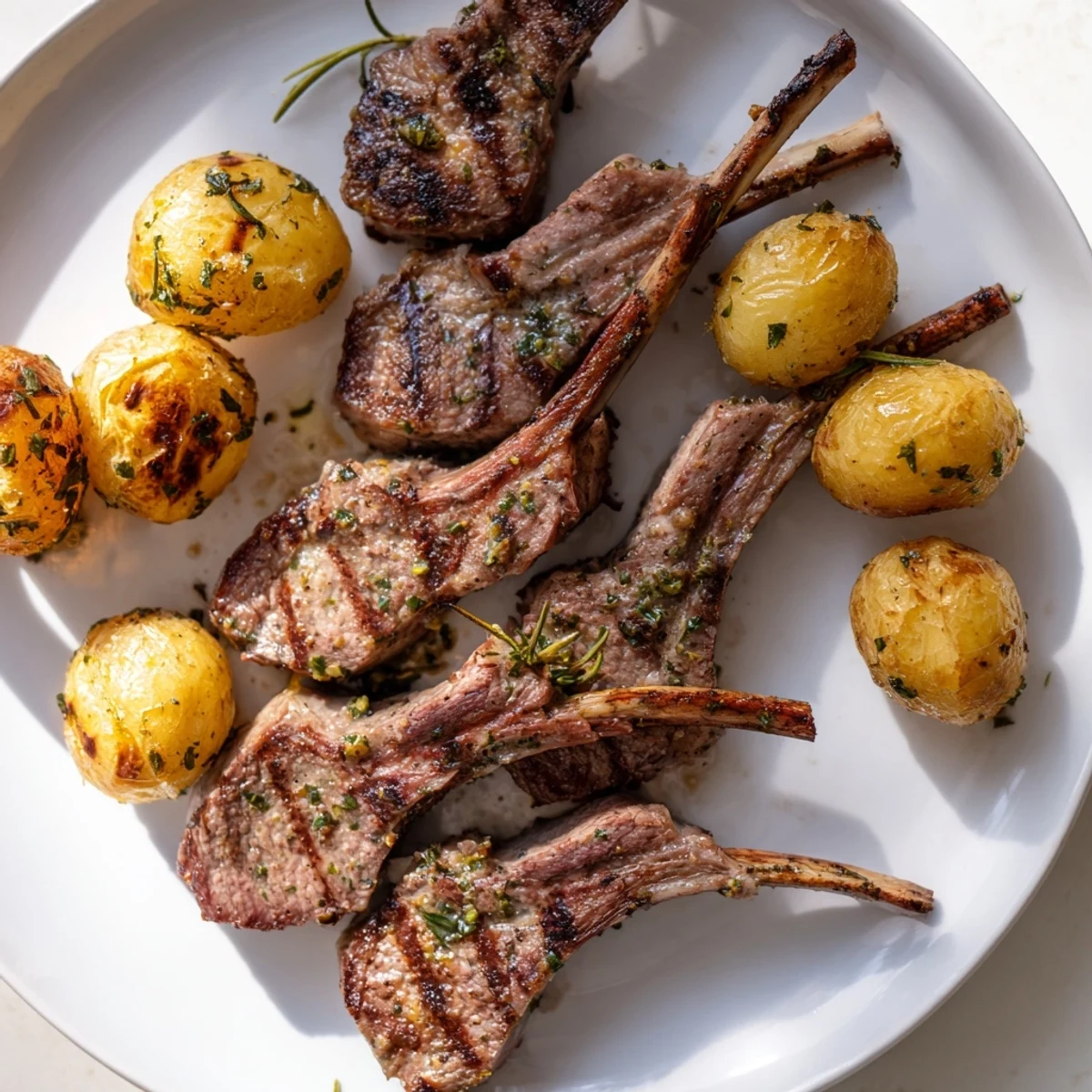 Juicy Herbed Lamb Chops served alongside golden, crispy roasted potatoes; a flavorful dinner.