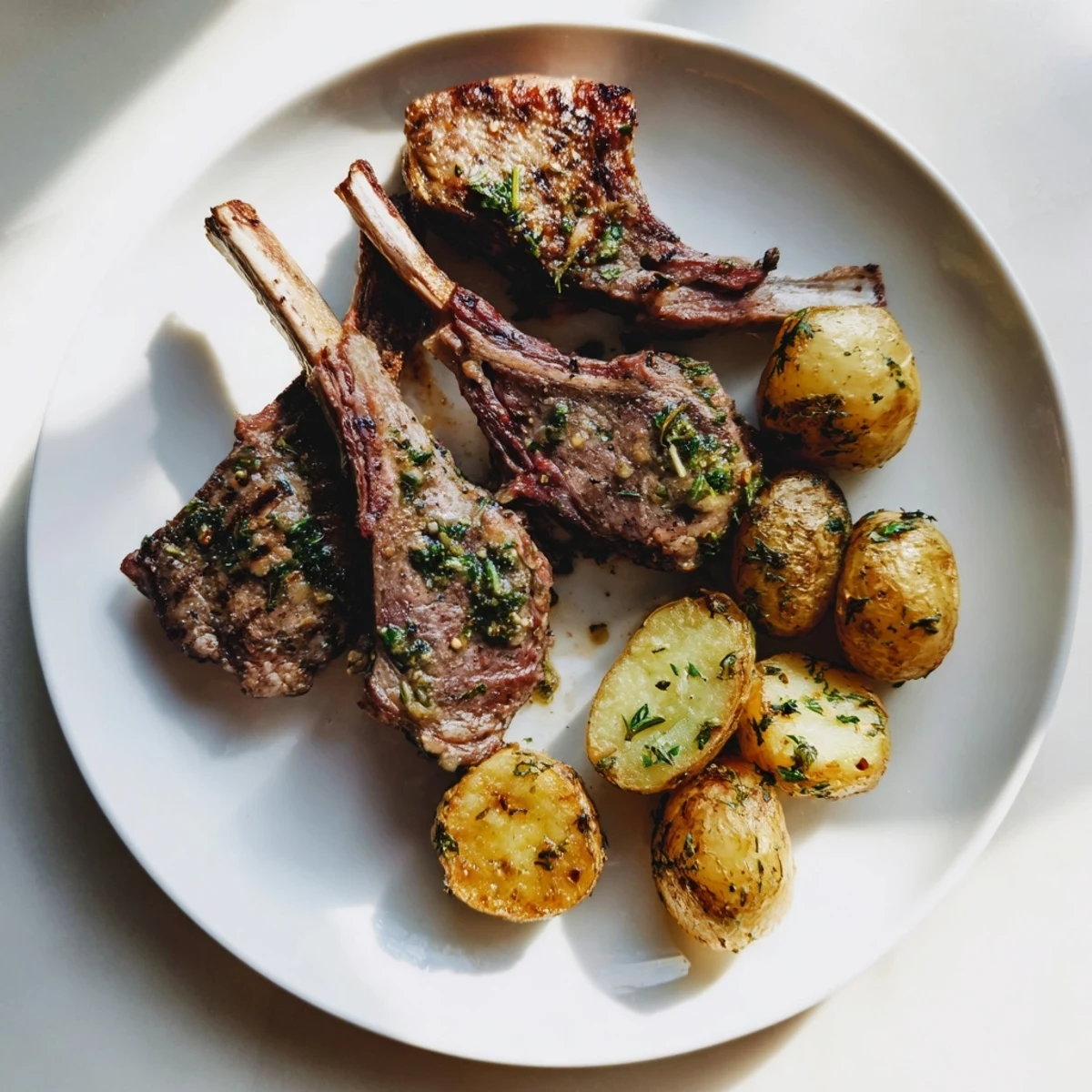 Close-up of seared Herbed Lamb Chops with perfectly roasted potatoes, ready for a delicious meal.