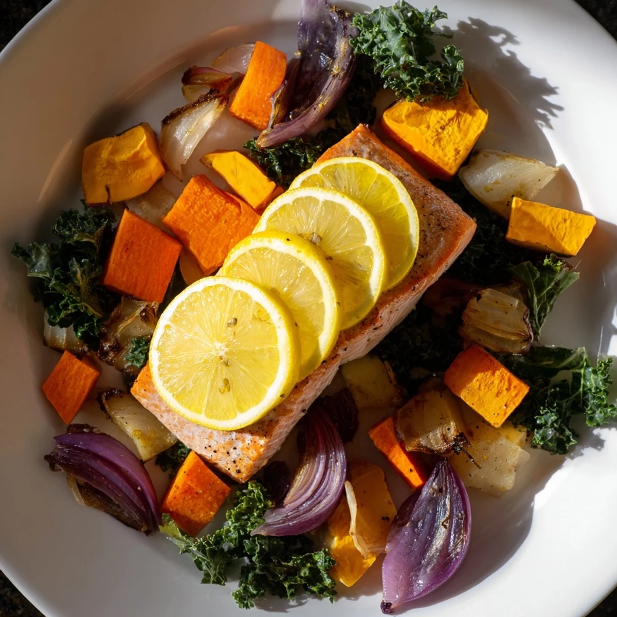 Flaky sheet-pan salmon with vibrant roasted vegetables and a lemon garnish, ready to eat.