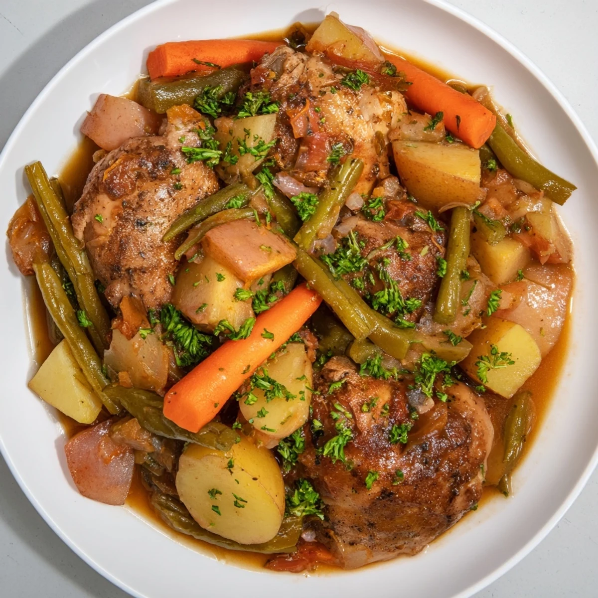 A close-up of steaming Slow-Cooker Chicken & Vegetable Stew, ready to serve with fresh parsley.