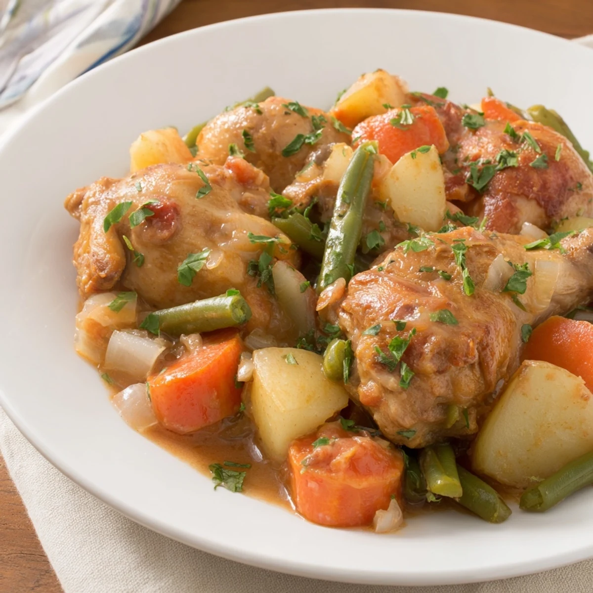 Flavorful Slow-Cooker Chicken & Vegetable Stew, featuring perfectly cooked chicken and hearty vegetables.